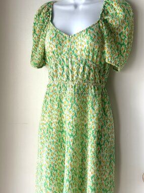 ASOS DESIGN Sasha Mini Dress NWT Womens US 10 M L Green Floral Plisse Puff Sleev